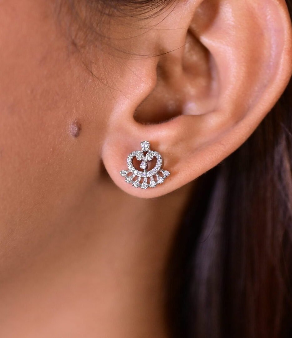 Regal Fan CZ Silver Stud Earrings