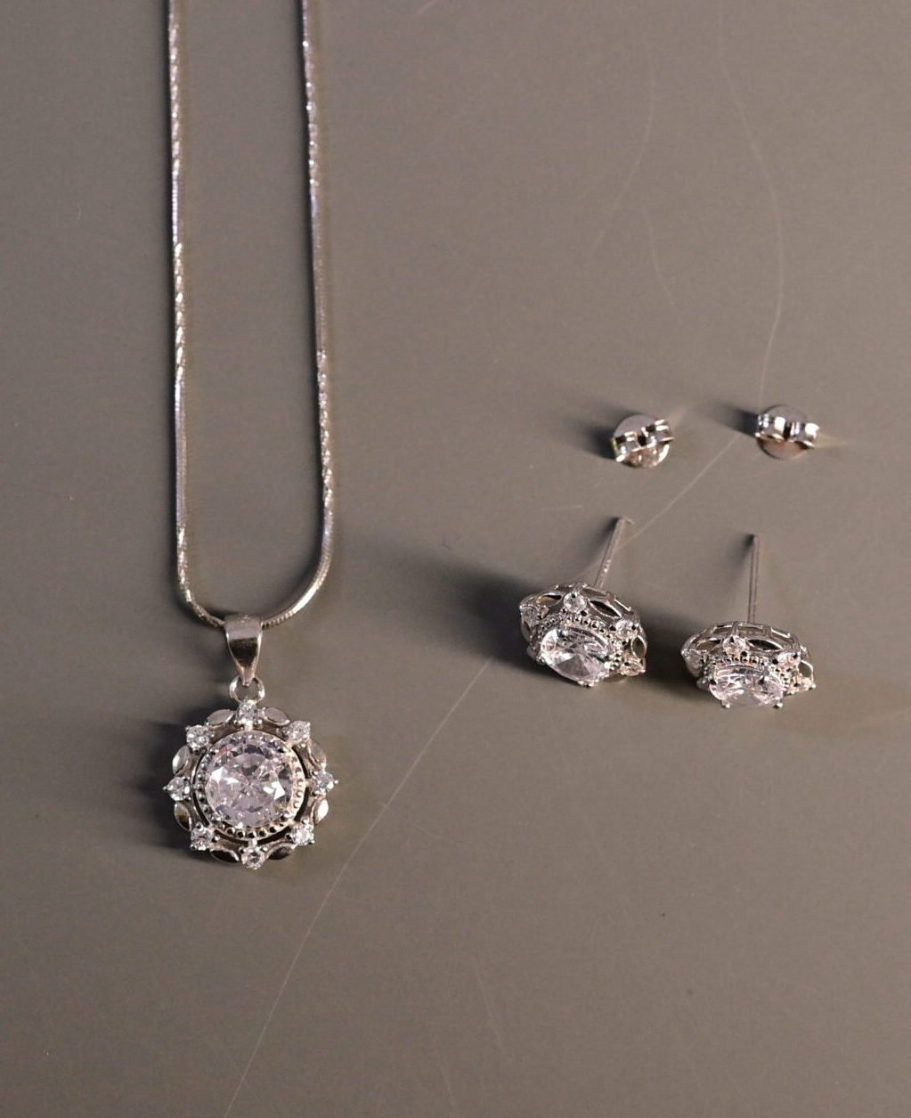 Royal Crown Solitaire Silver Pendant & Earring Set