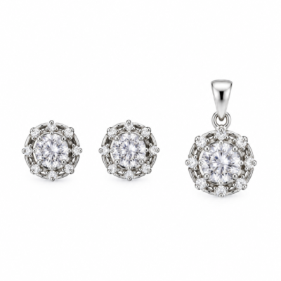 Royal Crown Solitaire Silver Pendant & Earring Set