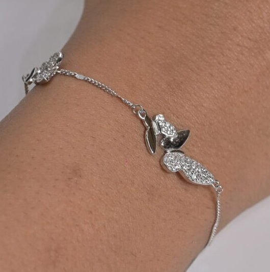 Double Butterfly Pave Silver Bracelet