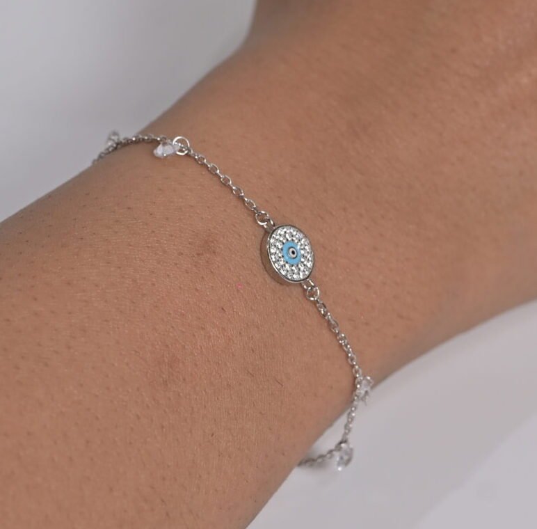 Evil Eye & Dainty Drop Silver Bracelet