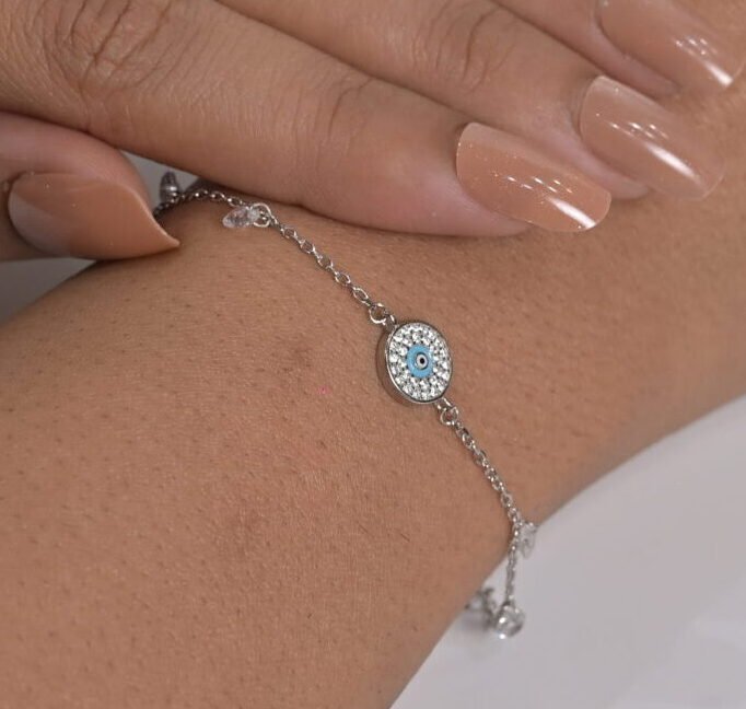 Evil Eye & Dainty Drop Silver Bracelet