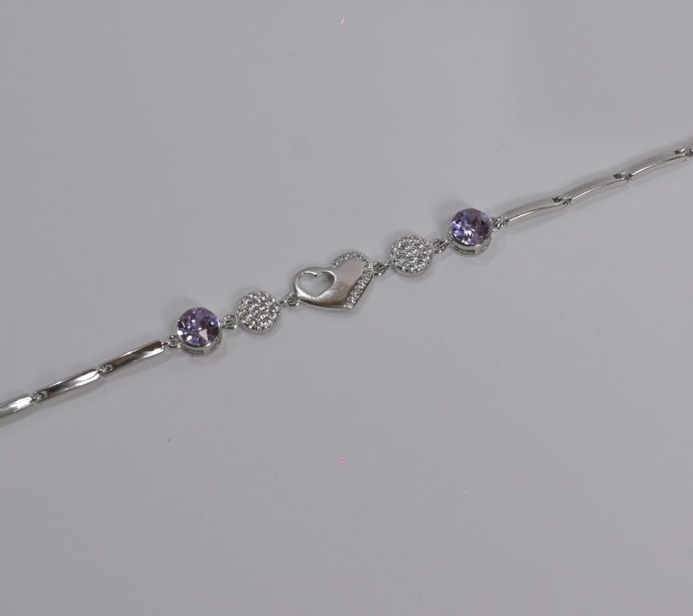 Amethyst Heart & Pave Silver Bracelet