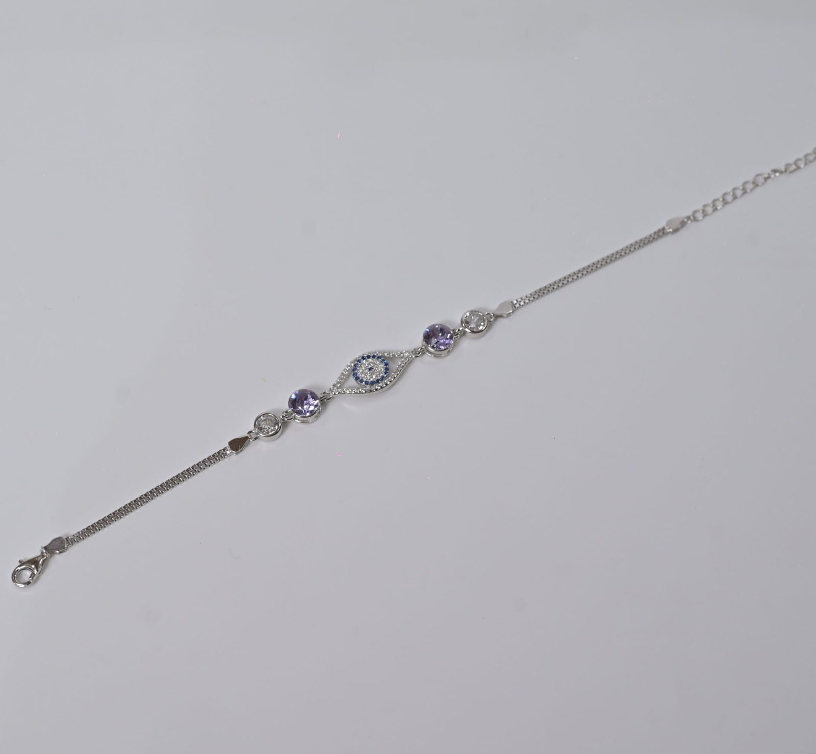 Evil Eye & Amethyst Stone Silver Bracelet