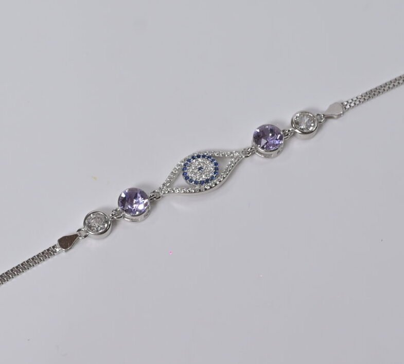 Evil Eye & Amethyst Stone Silver Bracelet