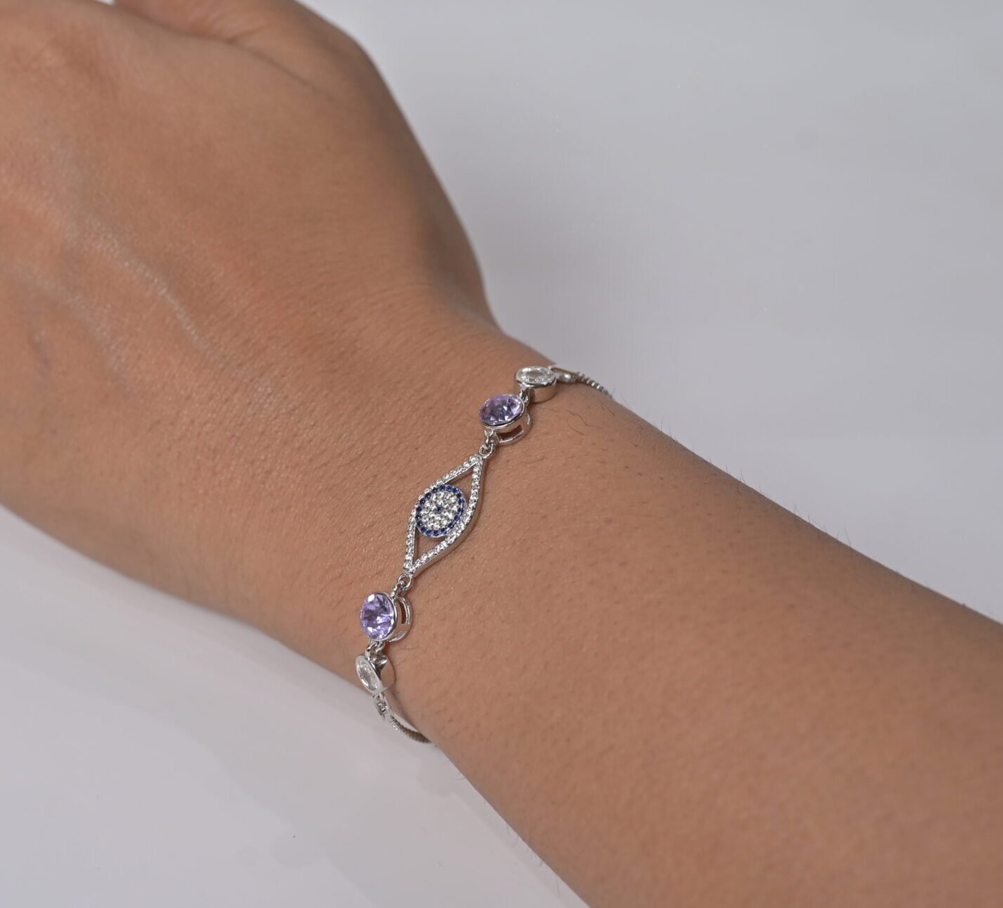 Evil Eye & Amethyst Stone Silver Bracelet