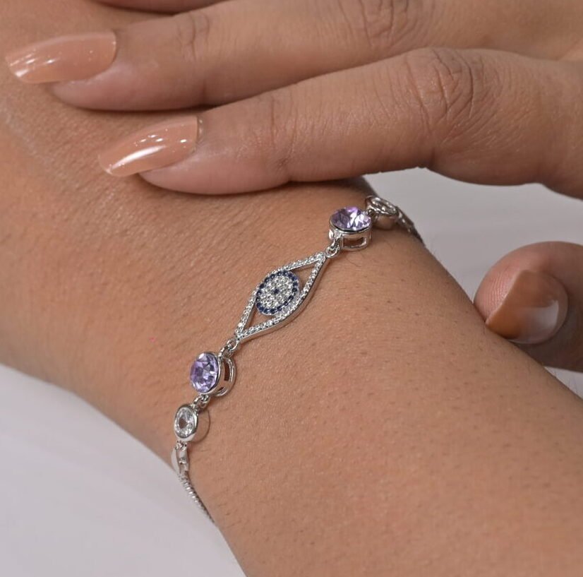 Evil Eye & Amethyst Stone Silver Bracelet