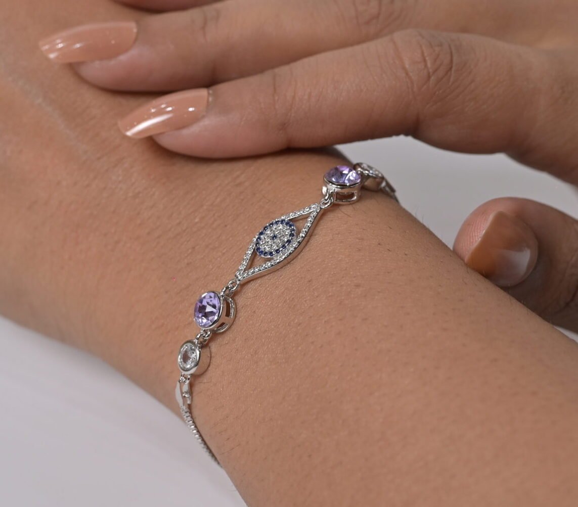 Evil Eye & Amethyst Stone Silver Bracelet