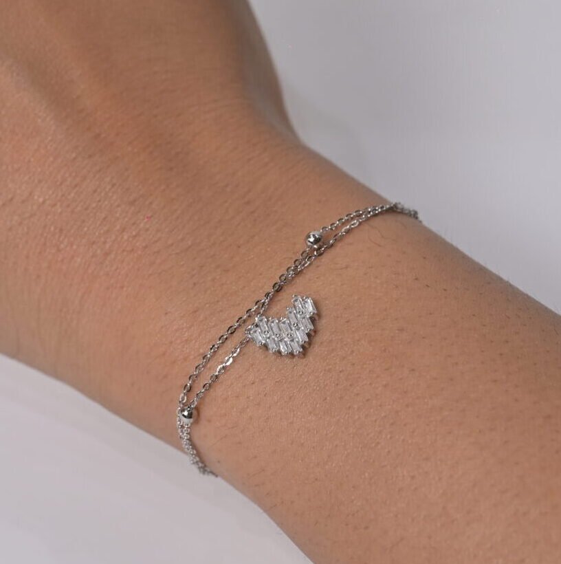 Double-Layer Pave Heart Silver Bracelet