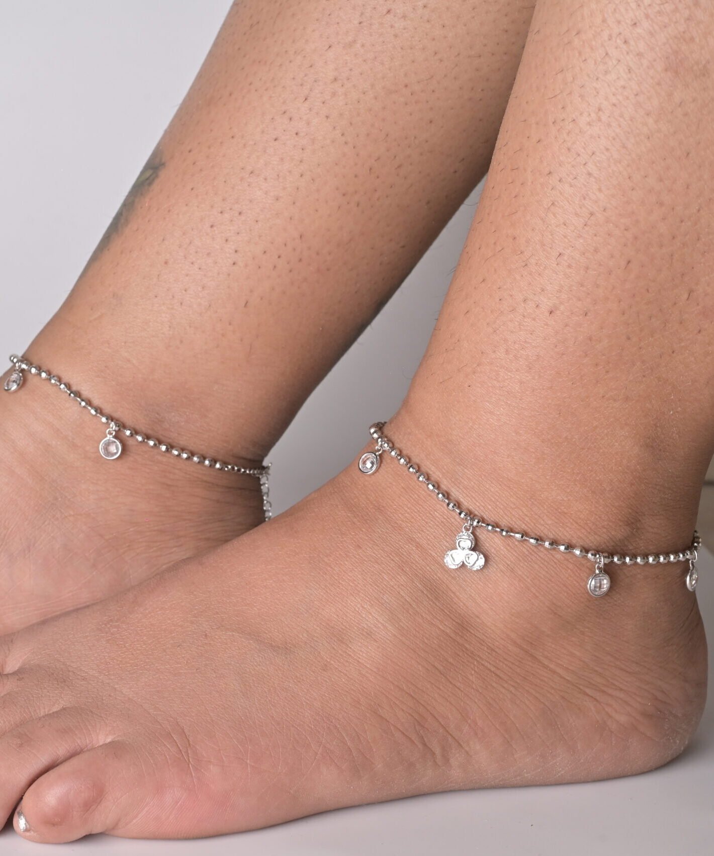 Radiant Beaded Pave Drop Silver Anklet