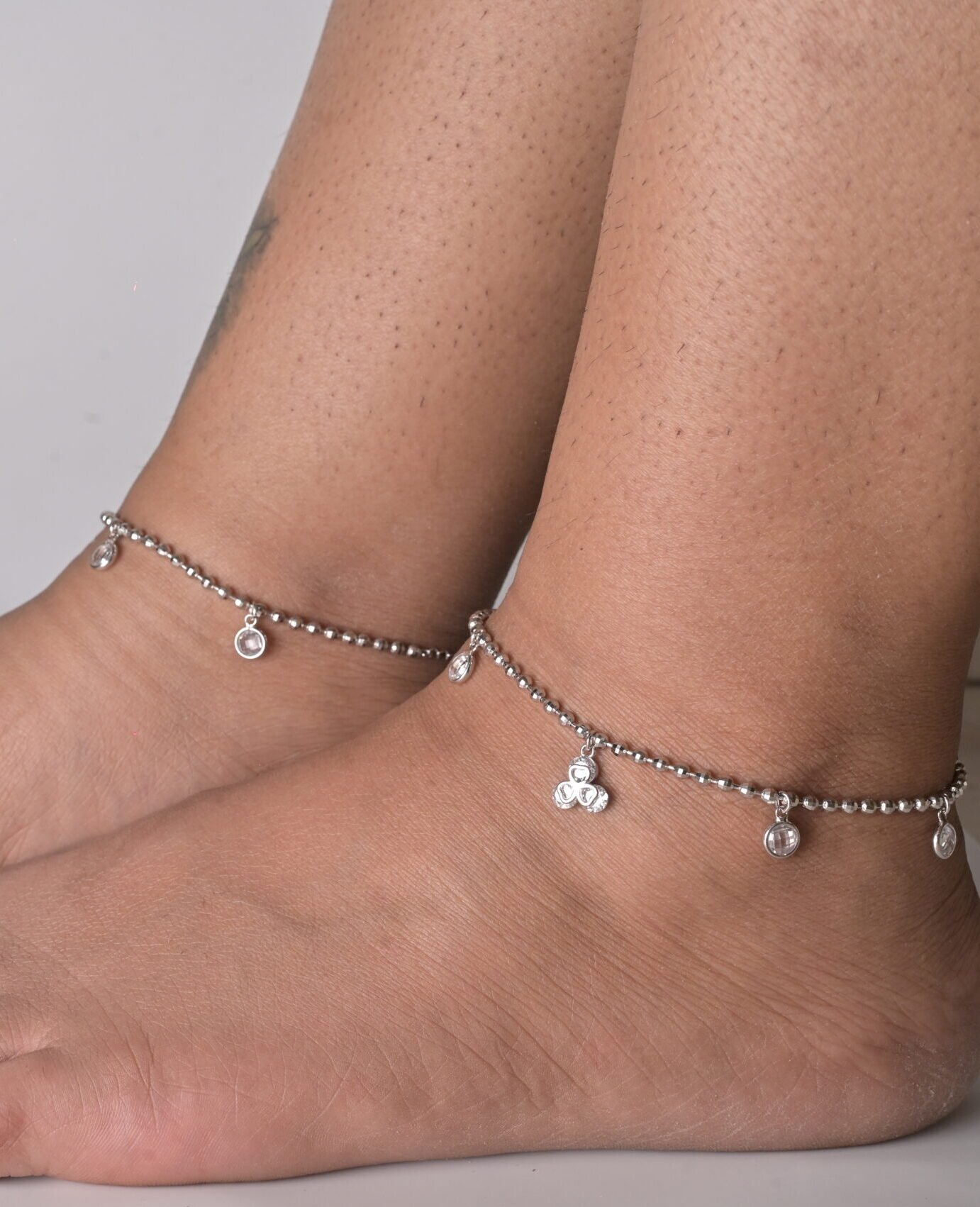 Radiant Beaded Pave Drop Silver Anklet