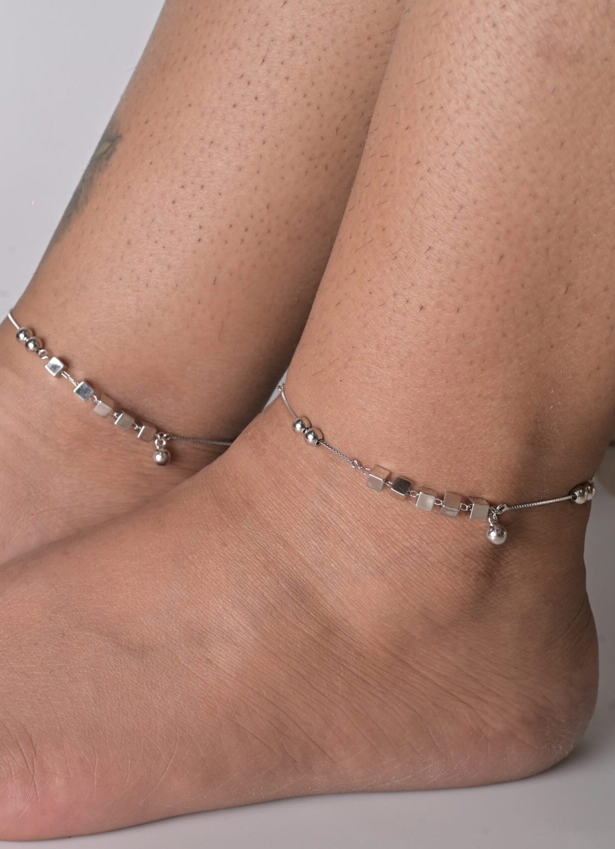 Geometric Square Station Silver Anklet