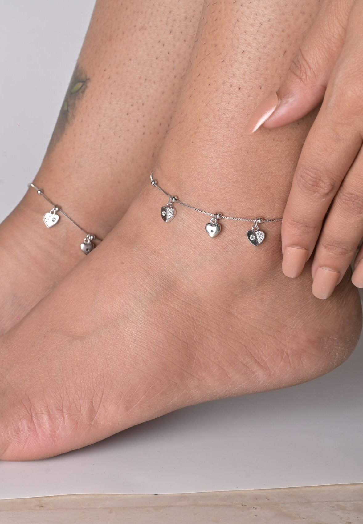 Double-Strand Pave Heart Charm Silver Anklet