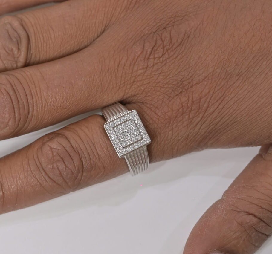Regal Square Pave Men's Silver Ring