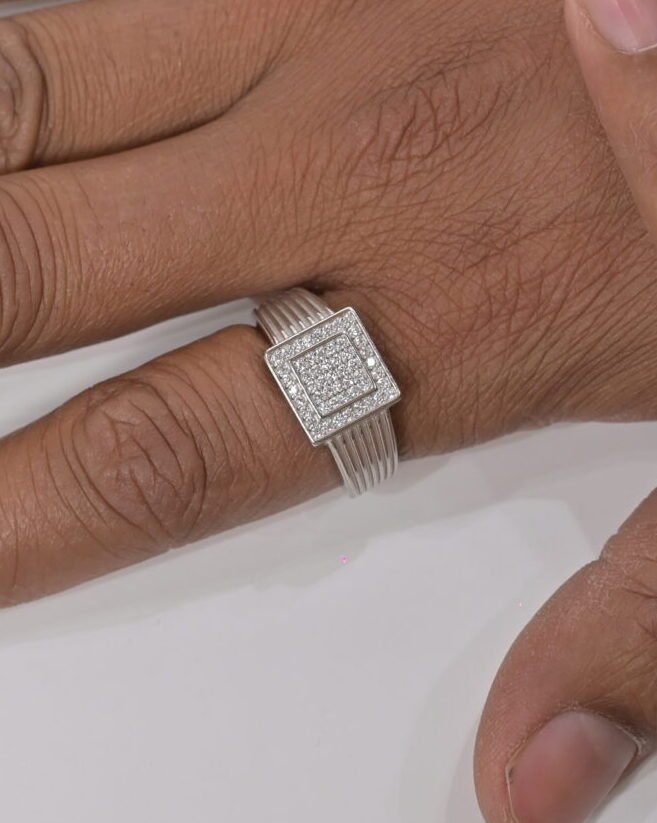 Regal Square Pave Men's Silver Ring