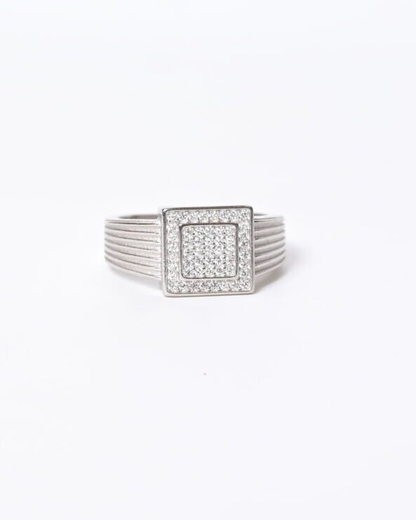 Regal Square Pave Men's Silver Ring