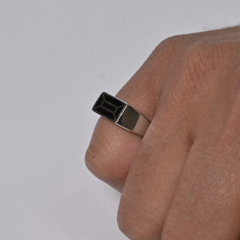 Executive Rectangular Enamel Men's Silver Ring