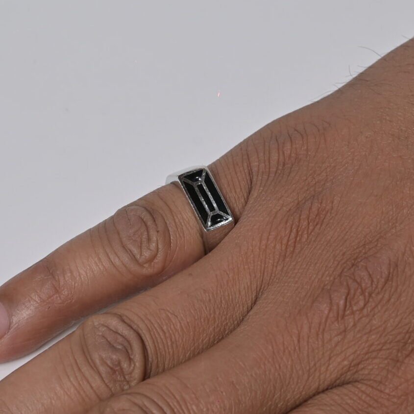 Executive Rectangular Enamel Men's Silver Ring