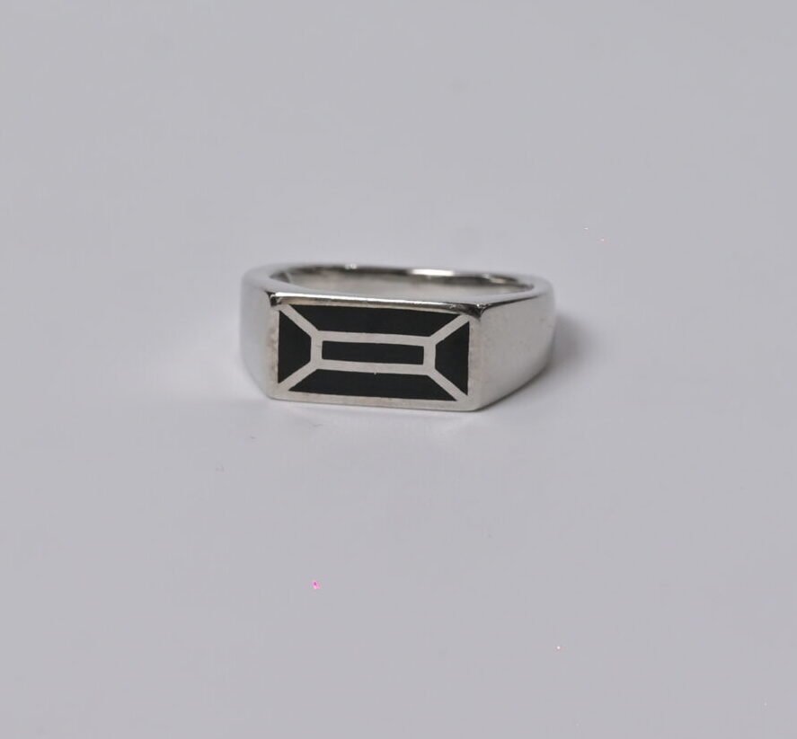Executive Rectangular Enamel Men's Silver Ring