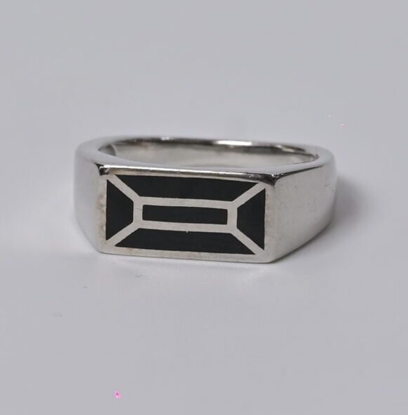 Executive Rectangular Enamel Men's Silver Ring