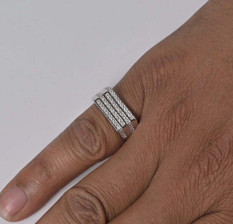 Regal Triple-Band Pave Men's Silver Ring