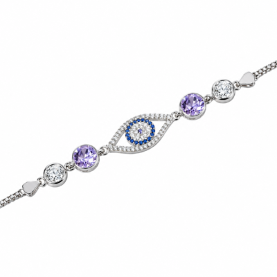 Evil Eye & Amethyst Stone Silver Bracelet