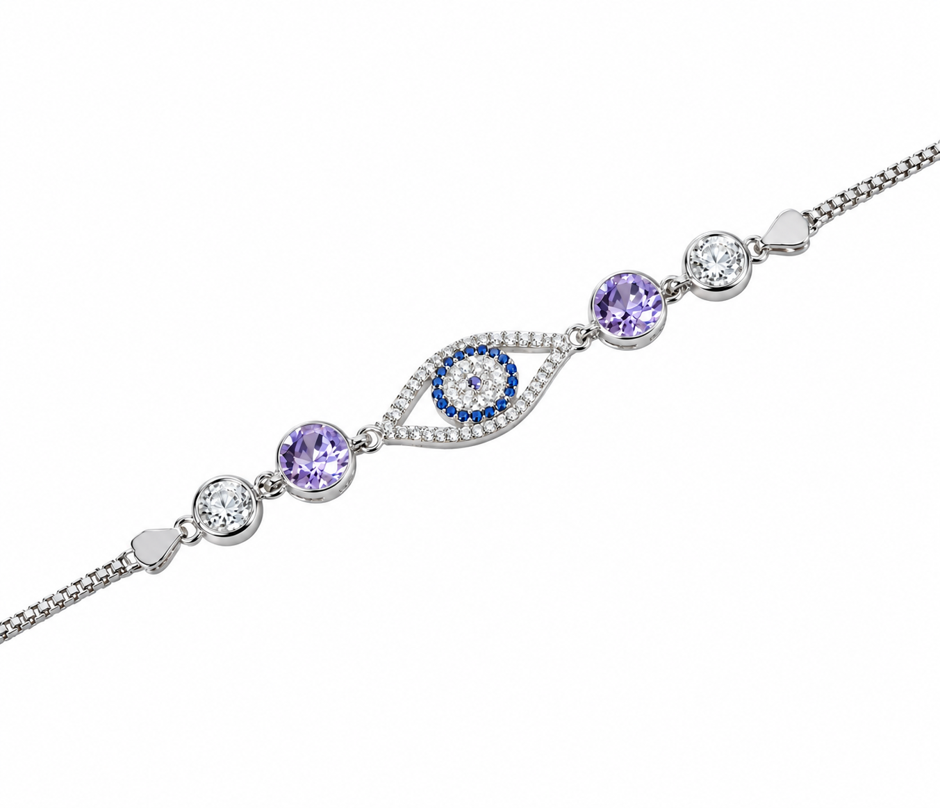 Evil Eye & Amethyst Stone Silver Bracelet