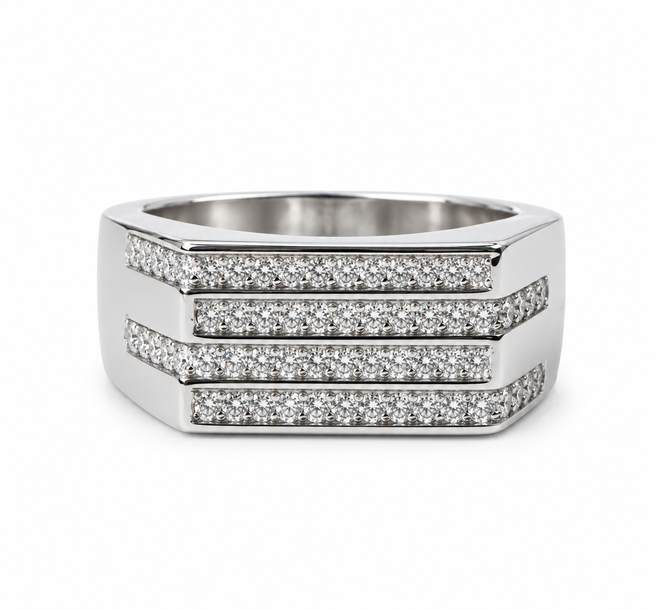 Regal Triple-Band Pave Men's Silver Ring