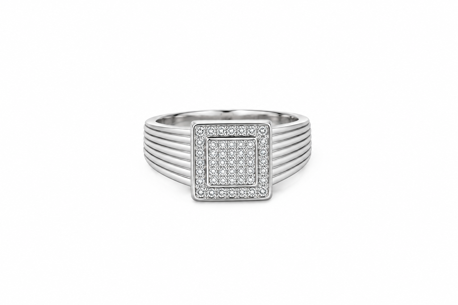 Regal Square Pave Men's Silver Ring