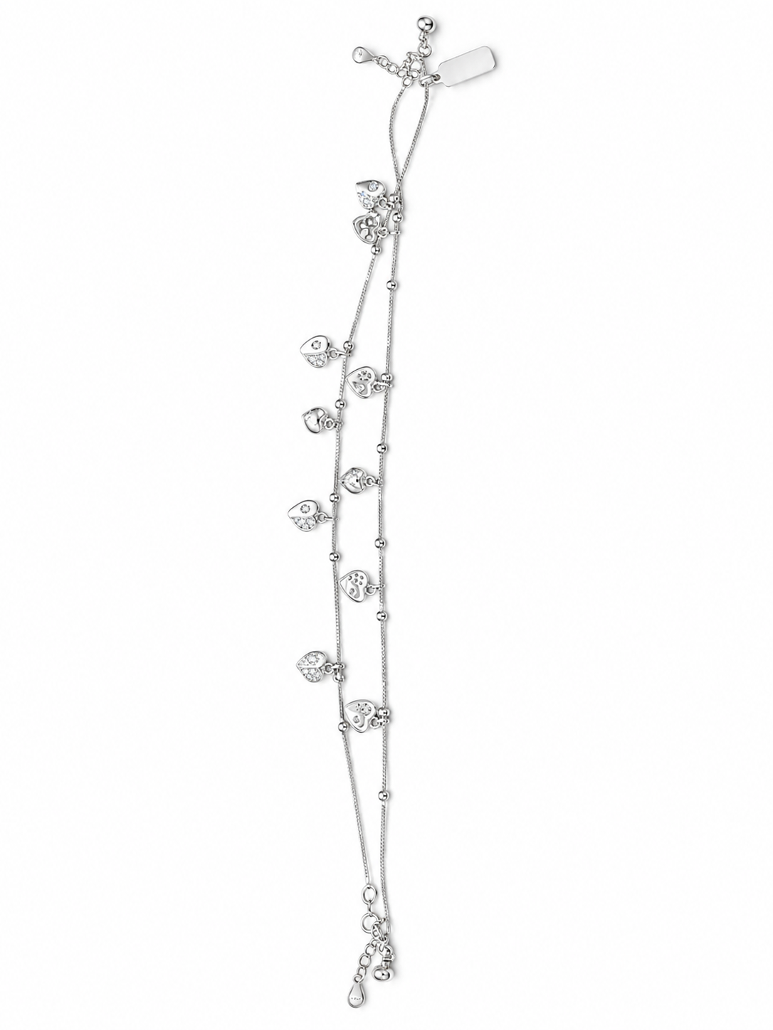 Double-Strand Pave Heart Charm Silver Anklet